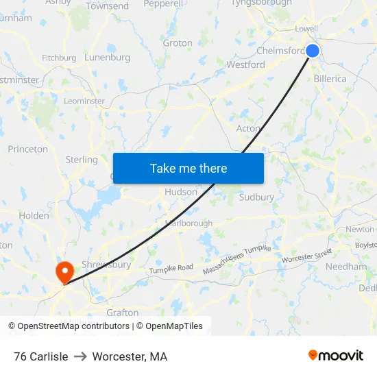 76 Carlisle to Worcester, MA map