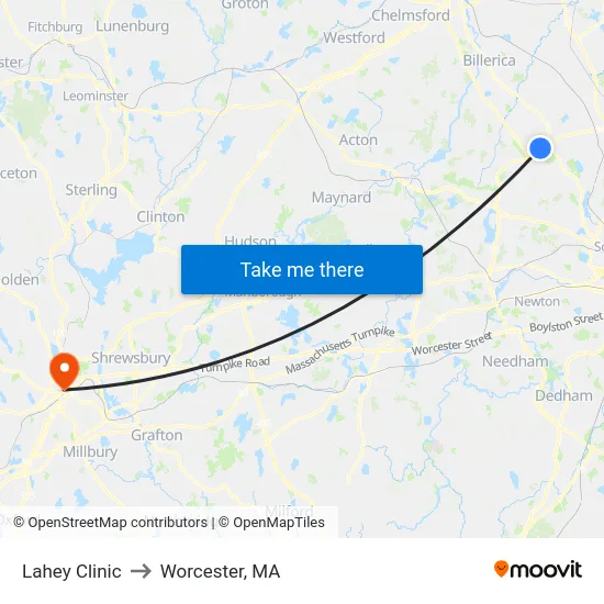 Lahey Clinic to Worcester, MA map