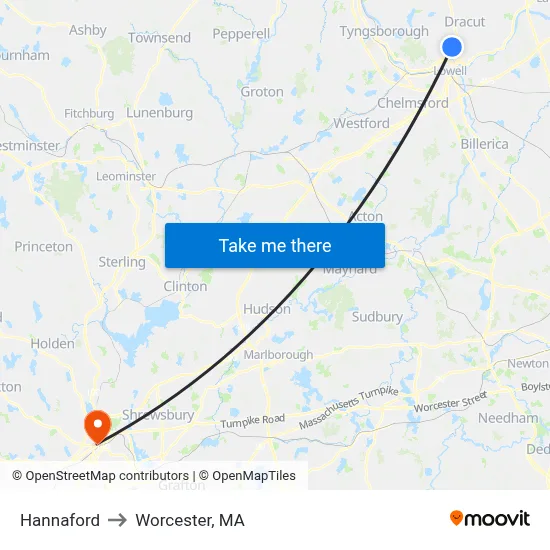 Hannaford to Worcester, MA map