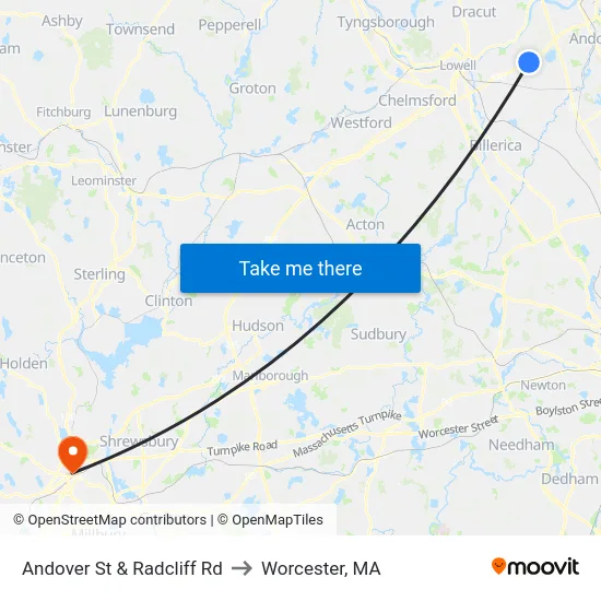 Andover St & Radcliff Rd to Worcester, MA map