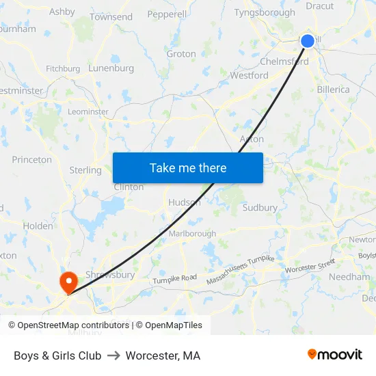 Boys & Girls Club to Worcester, MA map