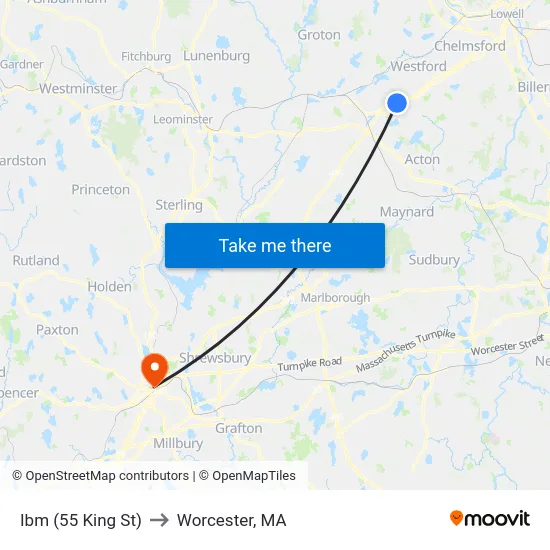 Ibm (55 King St) to Worcester, MA map