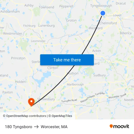 180 Tyngsboro to Worcester, MA map