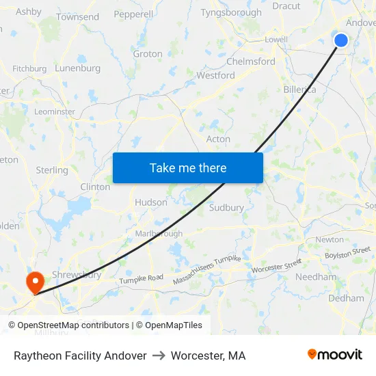 Raytheon Facility Andover to Worcester, MA map