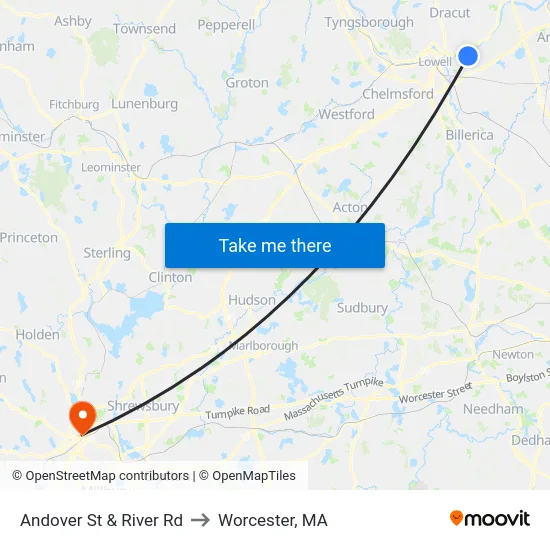 Andover St & River Rd to Worcester, MA map