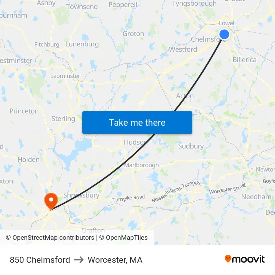 850 Chelmsford to Worcester, MA map