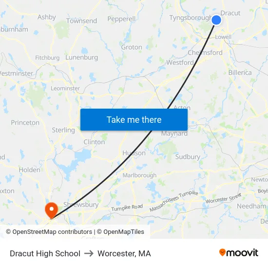 Dracut High School to Worcester, MA map