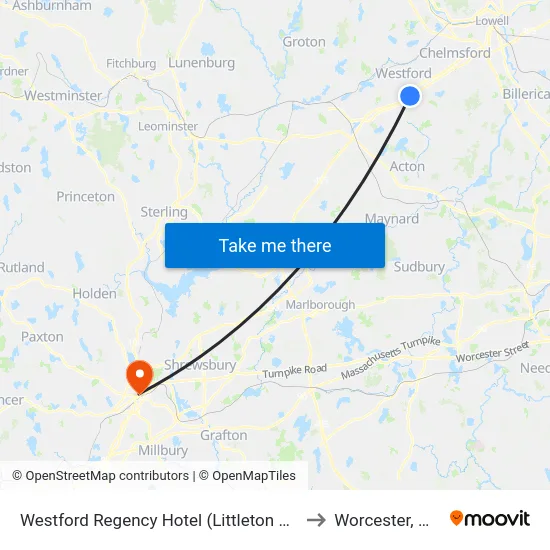 Westford Regency Hotel (Littleton Rd) to Worcester, MA map