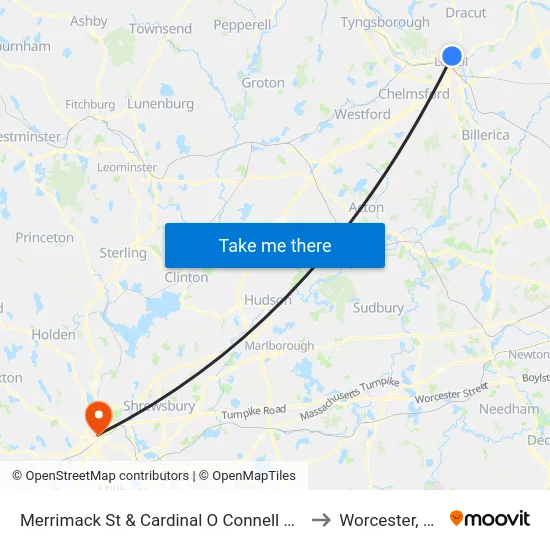 Merrimack St & Cardinal O Connell Pkwy to Worcester, MA map
