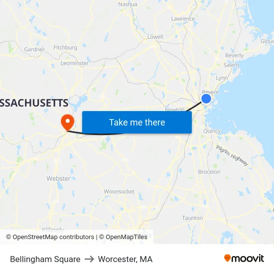 Bellingham Square to Worcester, MA map