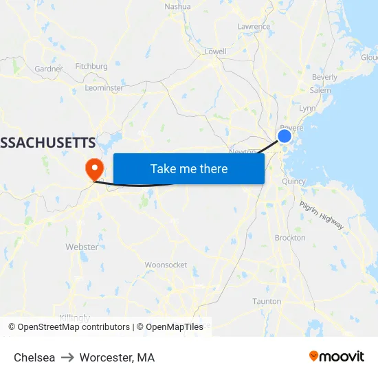 Chelsea to Worcester, MA map