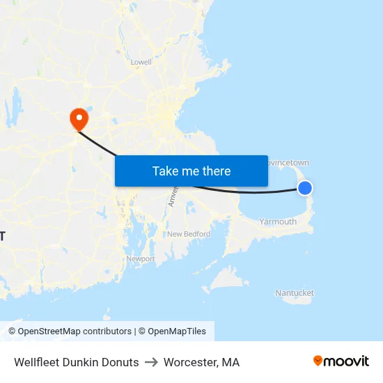 Wellfleet Dunkin Donuts to Worcester, MA map