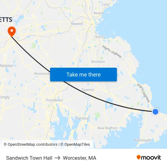 Sandwich Town Hall to Worcester, MA map