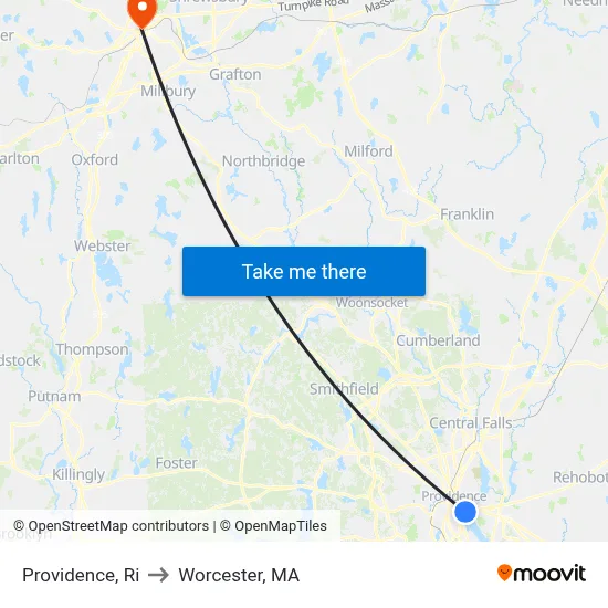 Providence, Ri to Worcester, MA map