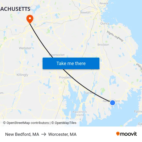 New Bedford, MA to Worcester, MA map