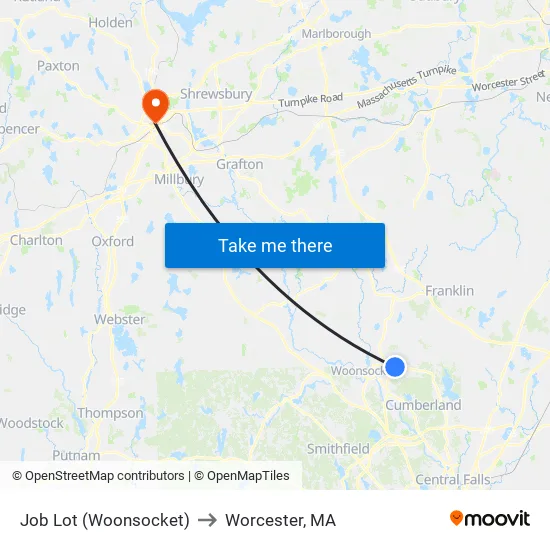 Job Lot (Woonsocket) to Worcester, MA map