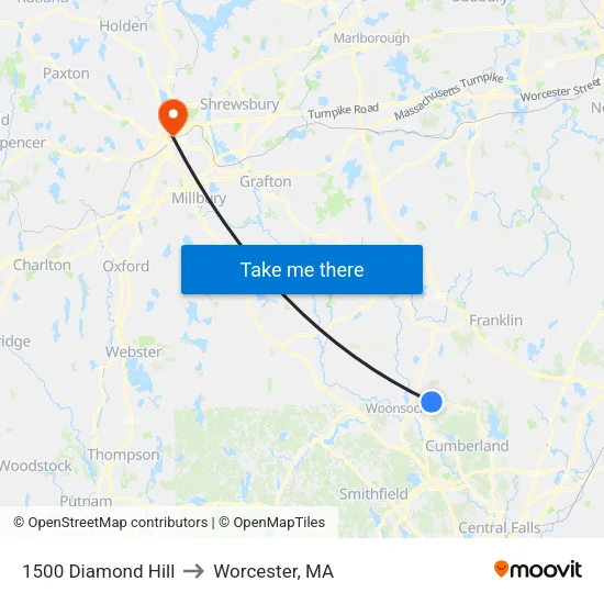 1500 Diamond Hill to Worcester, MA map