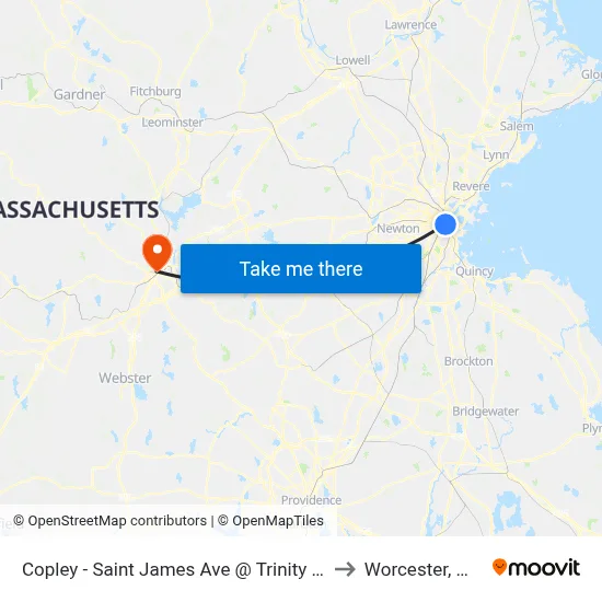 Copley - Saint James Ave @ Trinity Pl to Worcester, MA map