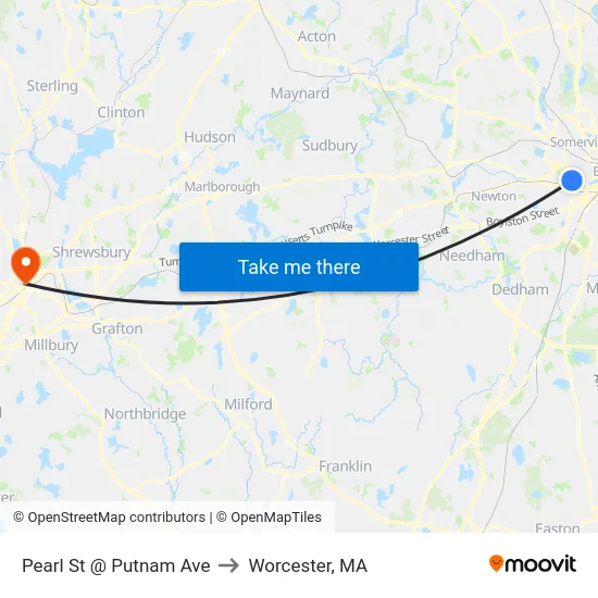 Pearl St @ Putnam Ave to Worcester, MA map