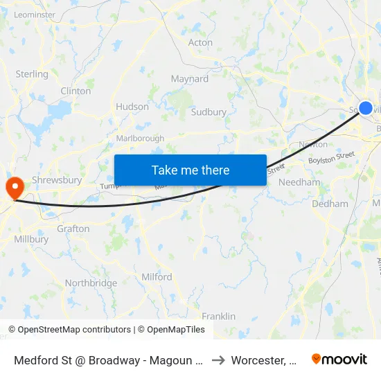 Medford St @ Broadway - Magoun Sq to Worcester, MA map