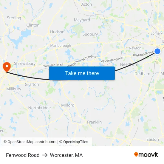 Fenwood Road to Worcester, MA map