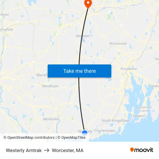 Westerly Amtrak to Worcester, MA map