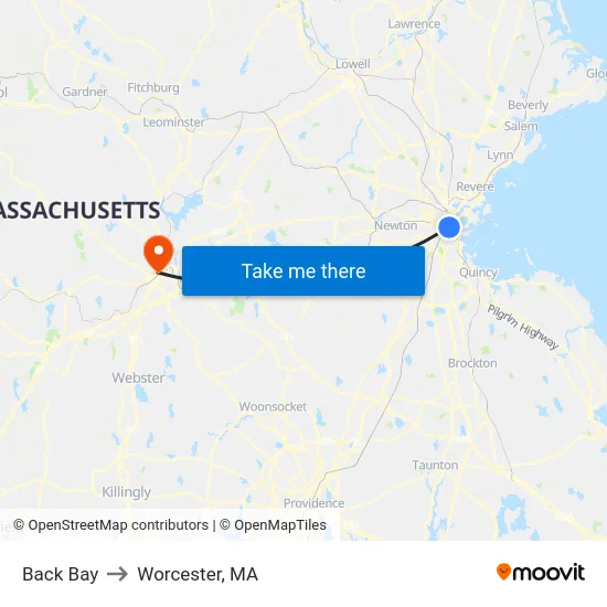 Back Bay to Worcester, MA map