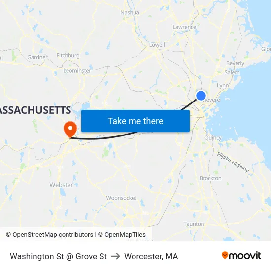 Washington St @ Grove St to Worcester, MA map