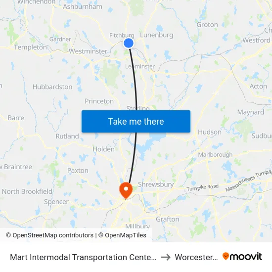 Mart Intermodal Transportation Center, Fitchburg to Worcester, MA map