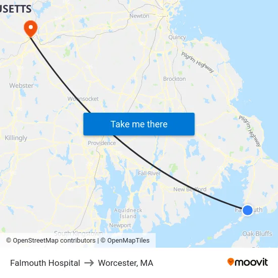 Falmouth Hospital to Worcester, MA map