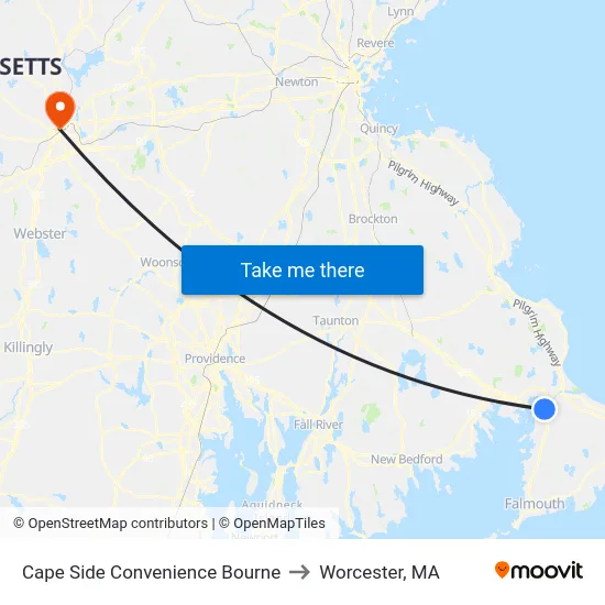 Cape Side Convenience Bourne to Worcester, MA map