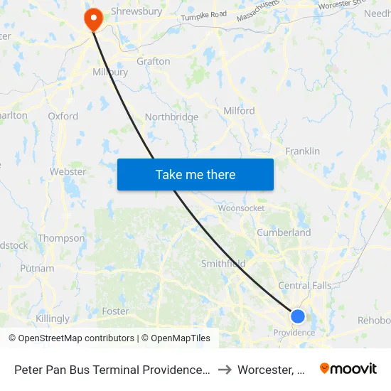 Peter Pan Bus Terminal Providence Ri to Worcester, MA map