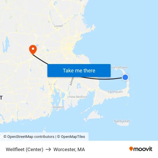 Wellfleet (Center) to Worcester, MA map