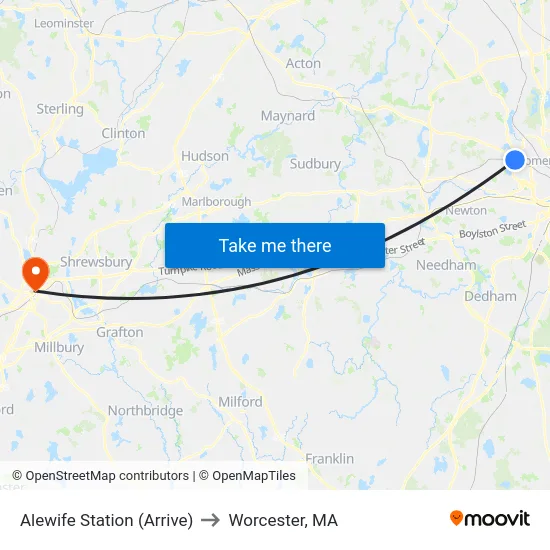 Alewife Station (Arrive) to Worcester, MA map