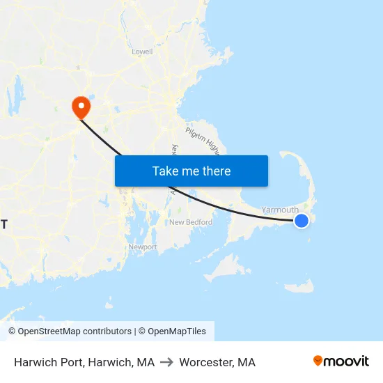 Harwich Port, Harwich, MA to Worcester, MA map