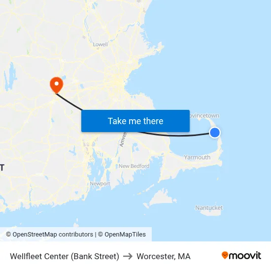 Wellfleet Center (Bank Street) to Worcester, MA map
