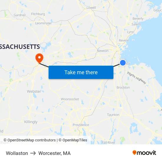 Wollaston to Worcester, MA map