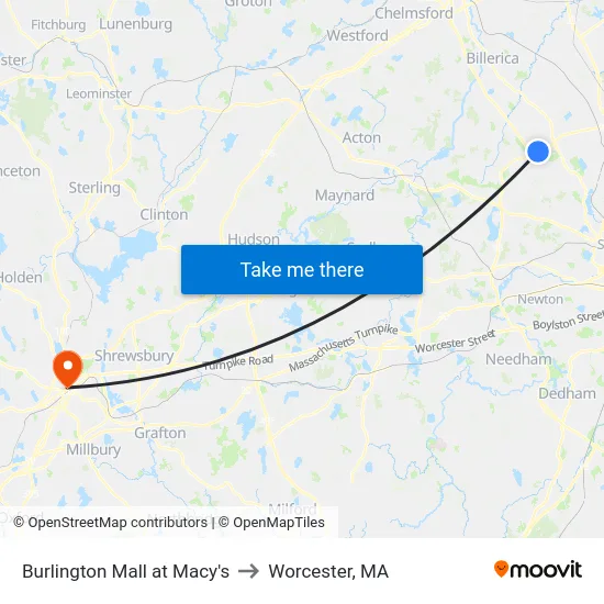 Burlington Mall at Macy's to Worcester, MA map