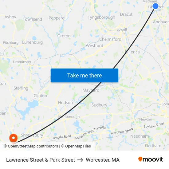 Lawrence Street & Park Street to Worcester, MA map