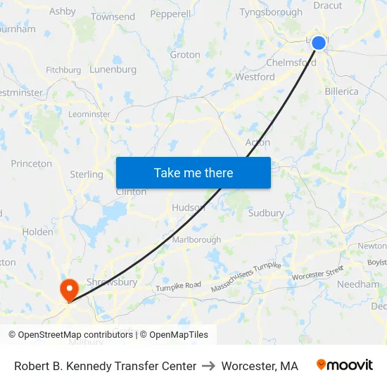 Robert B. Kennedy Transfer Center to Worcester, MA map