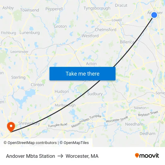 Andover Mbta Station to Worcester, MA map