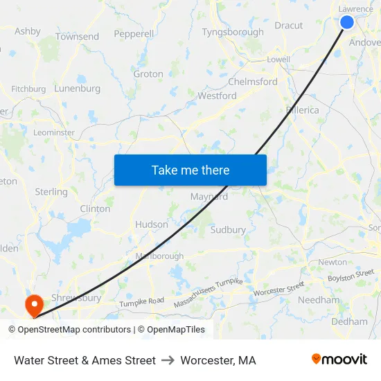 Water Street & Ames Street to Worcester, MA map