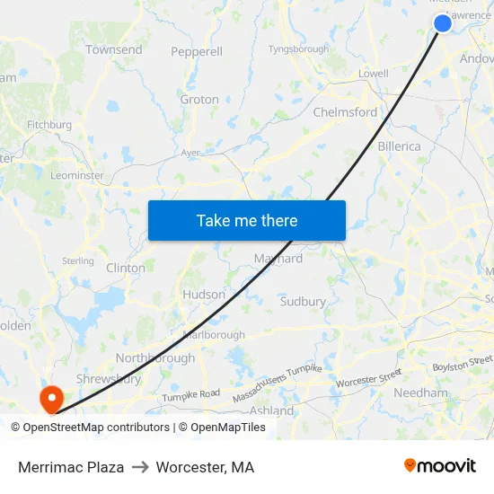 Merrimac Plaza to Worcester, MA map