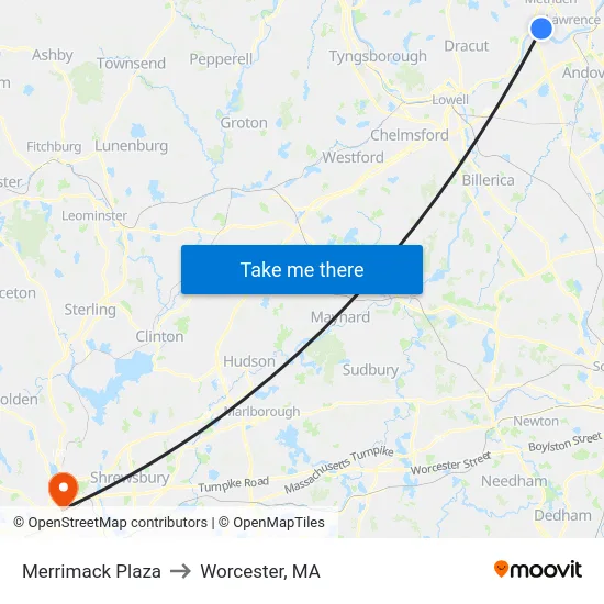 Merrimack Plaza to Worcester, MA map