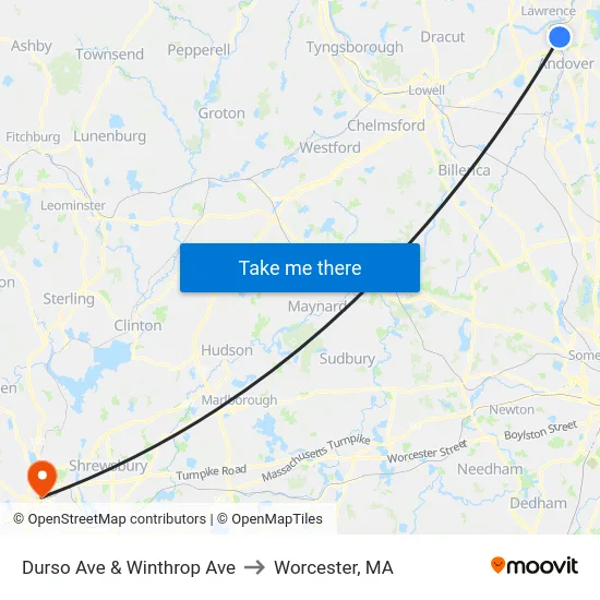 Durso Ave & Winthrop Ave to Worcester, MA map