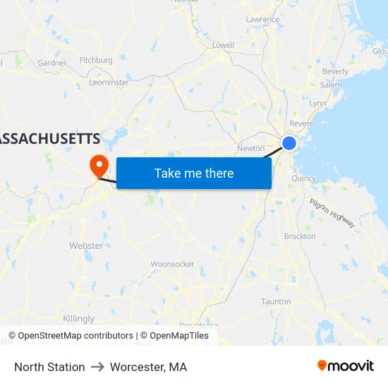North Station to Worcester, MA map