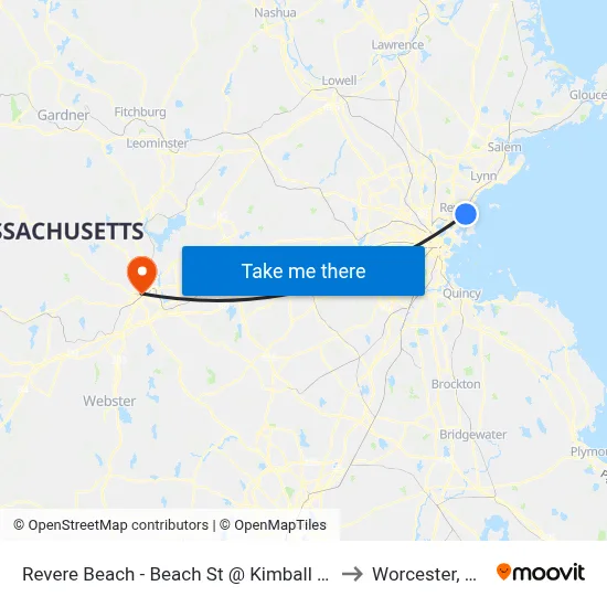 Revere Beach - Beach St @ Kimball Ave to Worcester, MA map