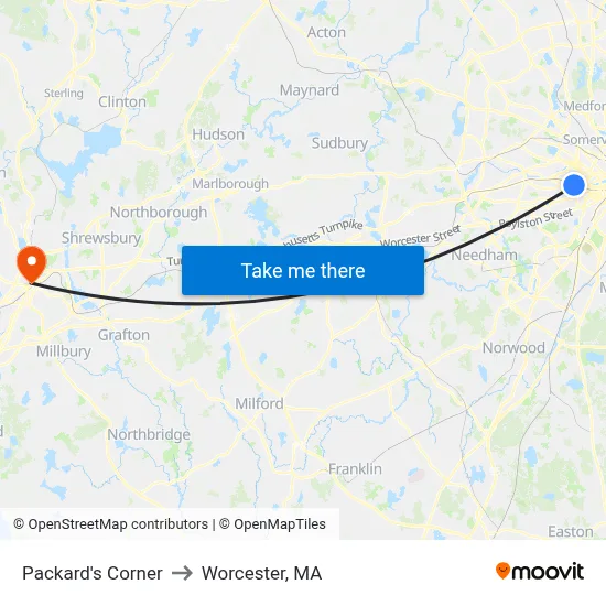 Packard's Corner to Worcester, MA map