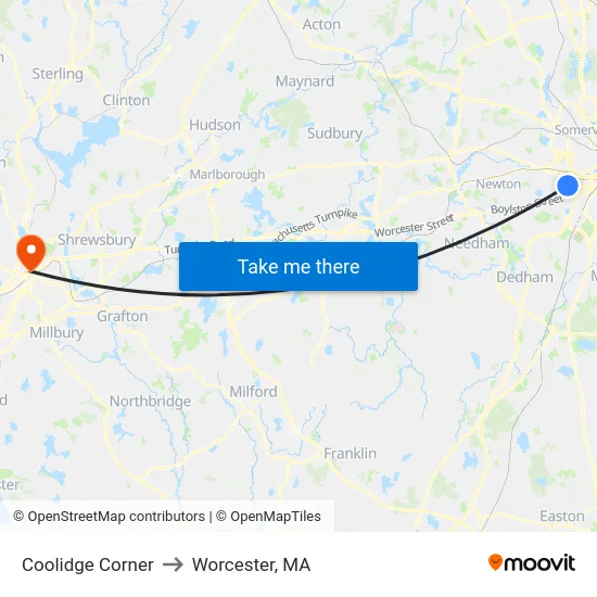 Coolidge Corner to Worcester, MA map