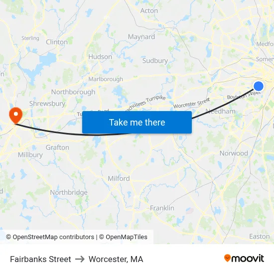 Fairbanks Street to Worcester, MA map